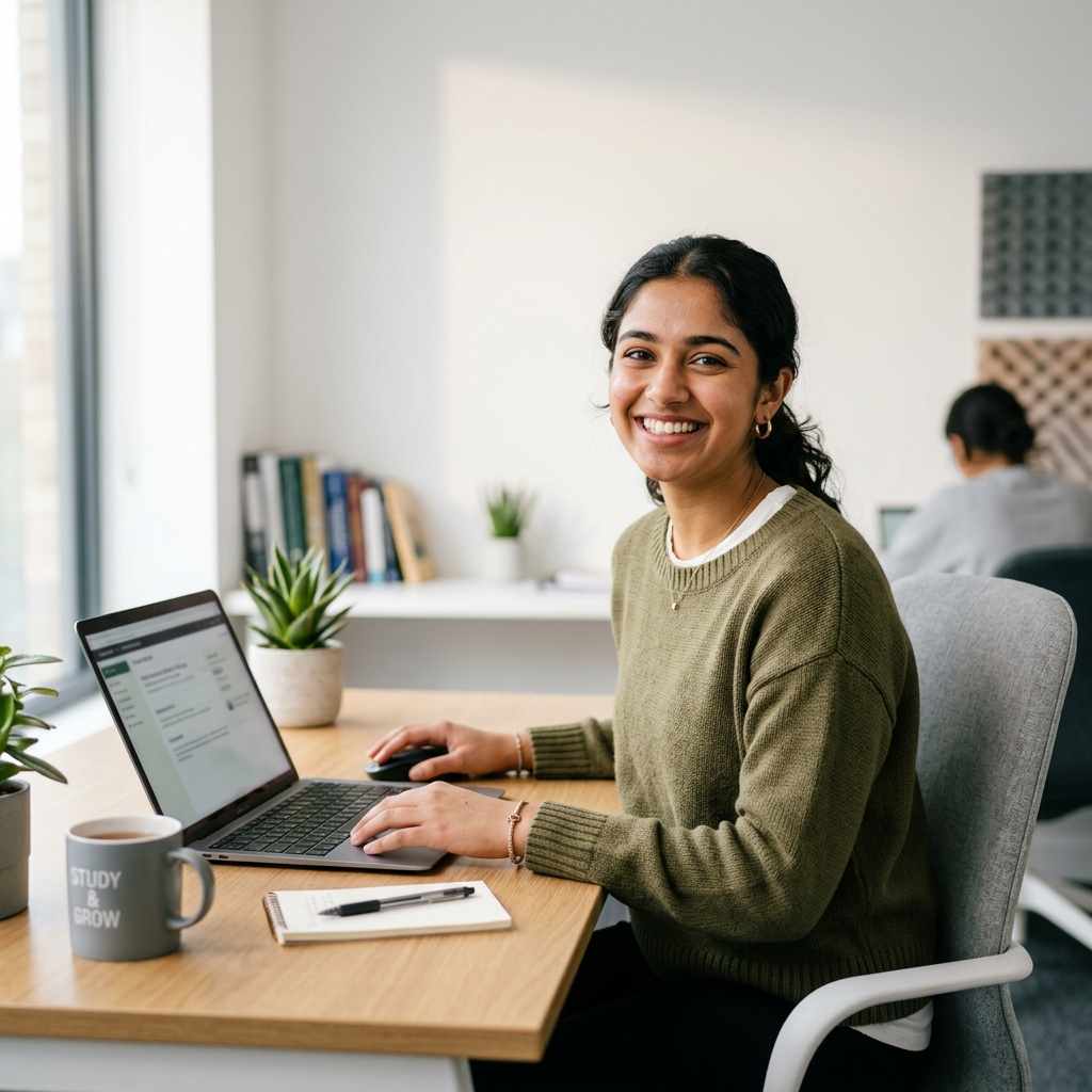 Student smiling and analyzing career roadmap